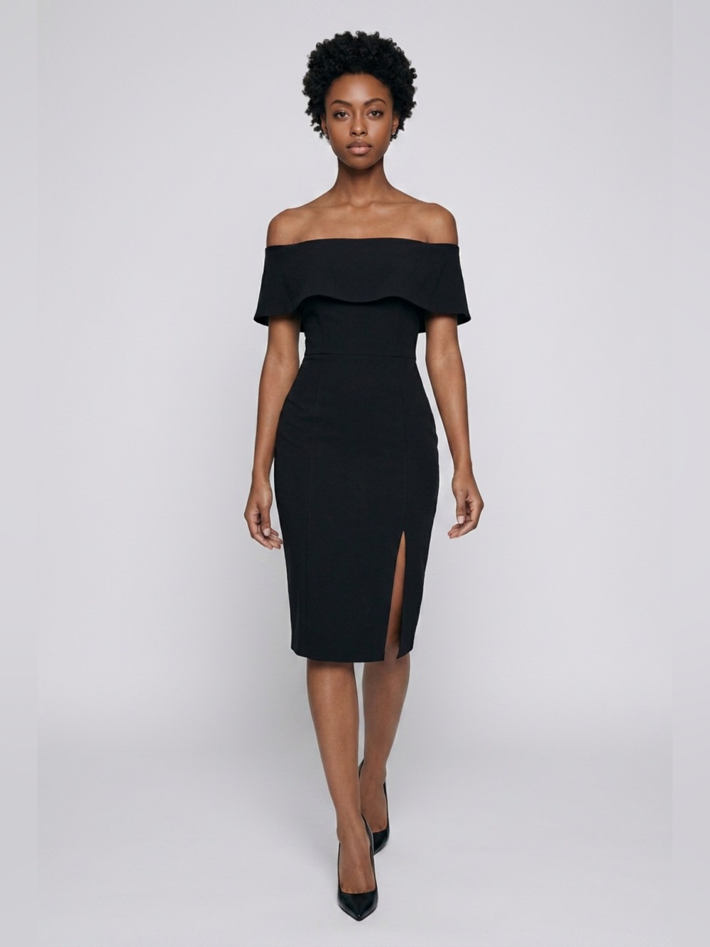 White Fox Off Shoulder Black Midi Dress